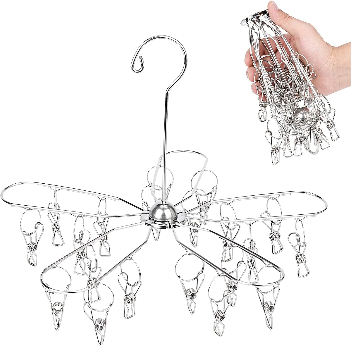 Tendedero plegable de acero inoxidable con 20 clips, secador colgante para ropa interior, calcetines, sujetadores, lencería, sombreros, bufandas, guantes, pañales, toallas, ropa de bebé