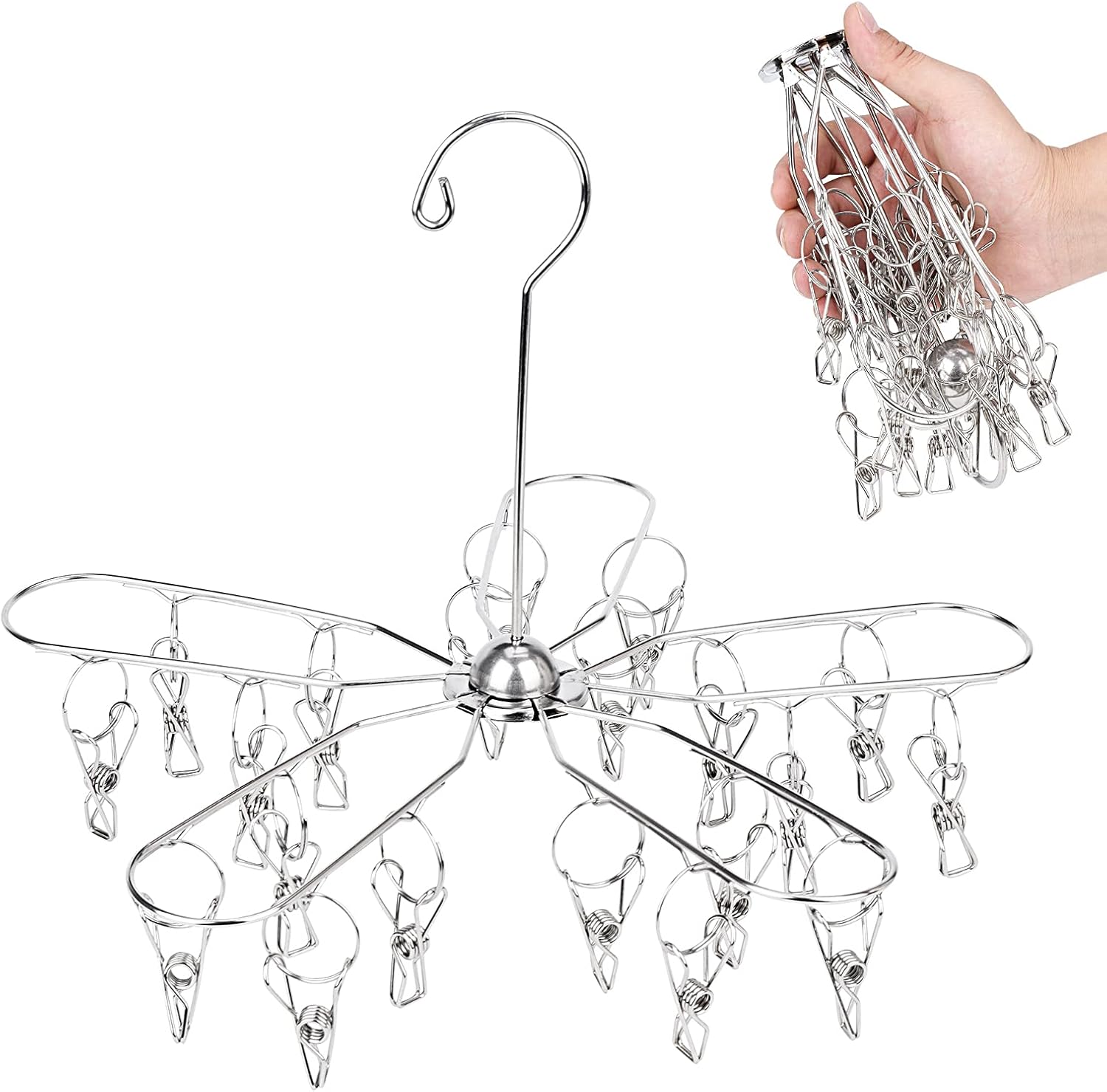 Foldable Clothes Drying Rack Stainless Steel Clothes Drying Hanger with 20 Clips, Laundry Hanging Dryer for Underwear, Sock, Bra, Lingerie, Hat, Scarf, Gloves, Diapers, Towels, Baby Clothes