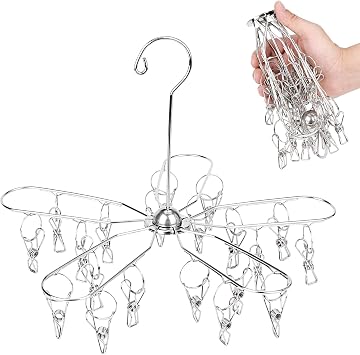 Foldable Clothes Drying Hanger Stainless Steel Underwear Drying Rack with 20 Clips, Laundry Sock Hangers for Hanging Bra, Lingerie, Hat, Scarf, Gloves, Diapers, Towels, Baby Clothes