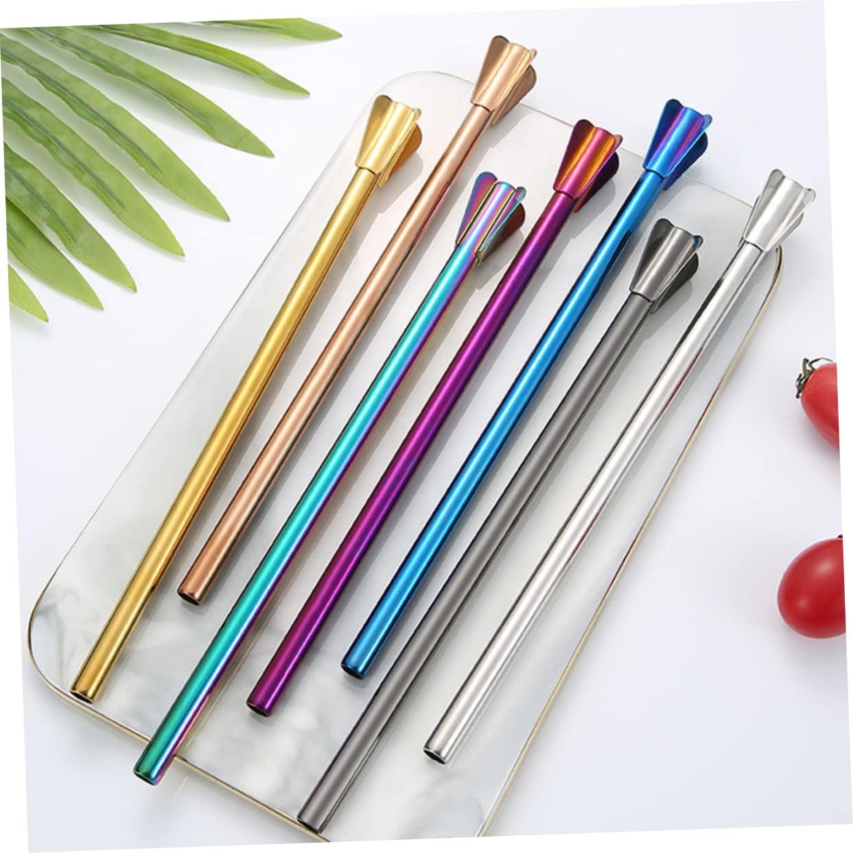 Garneck 7pcs Stainless Steel Straws Creative Reusable Stirrer for Drinks Cocktails Smoothies Colorful Easy to Clean for Parties Outdoor Use