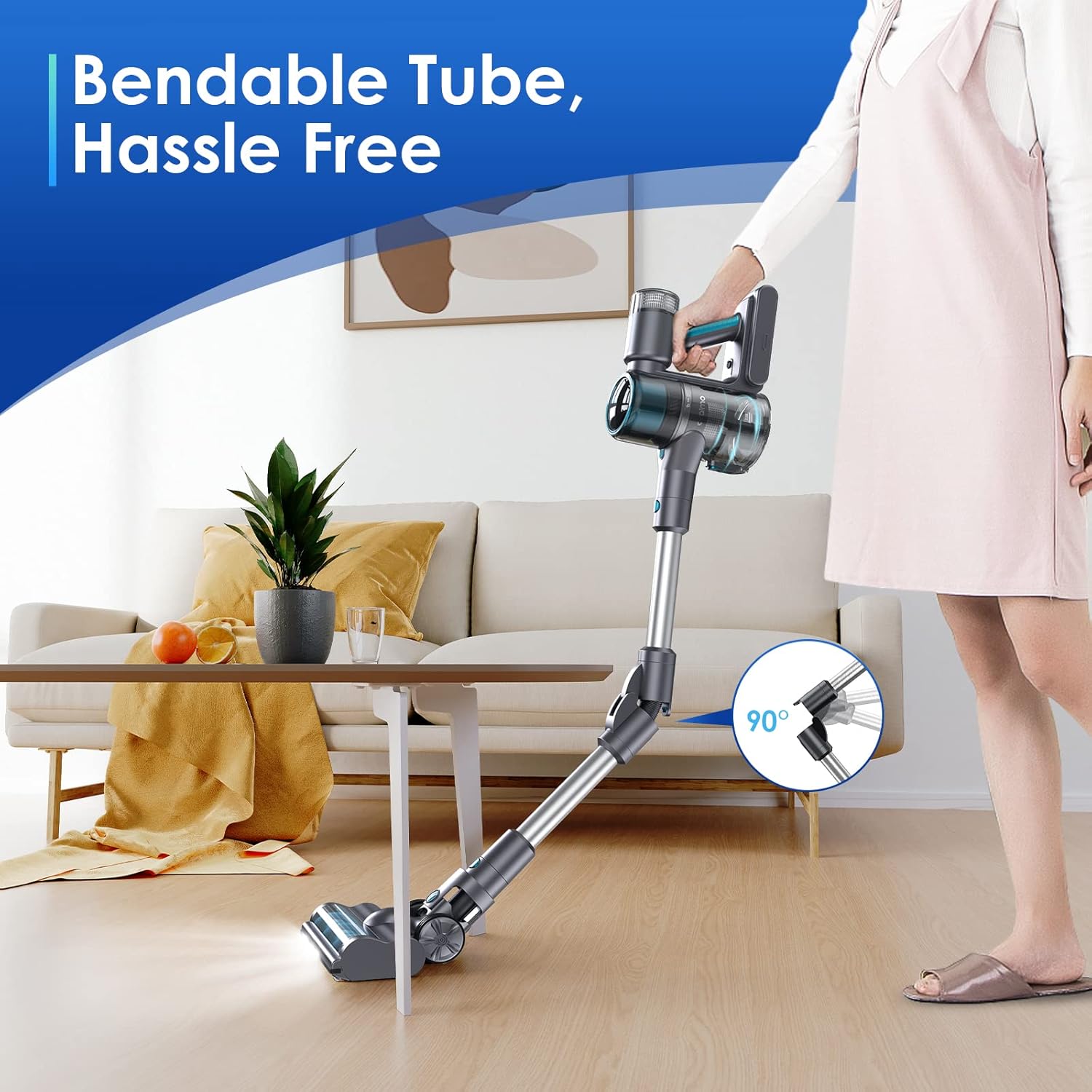 Oraimo Cordless Stick Vacuum with bendable tube for cleaning under furniture