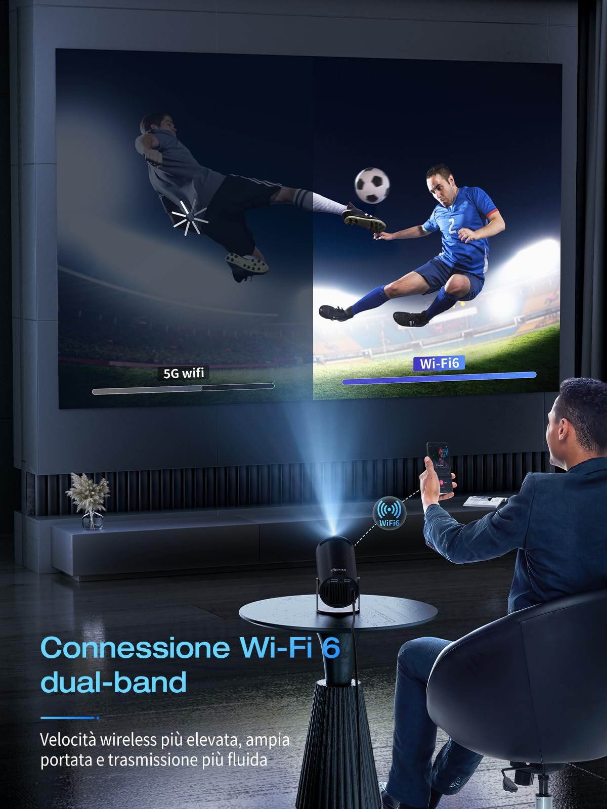 Mini Proiettore Portatile con WiFi e Bluetooth -16000 Lux Proiettore 4K Supportato Rotazione 180° e Correzione Trapezoidale Automatica, Proiettore per Esterni Compatibile con TV Stick/Windows/iOS