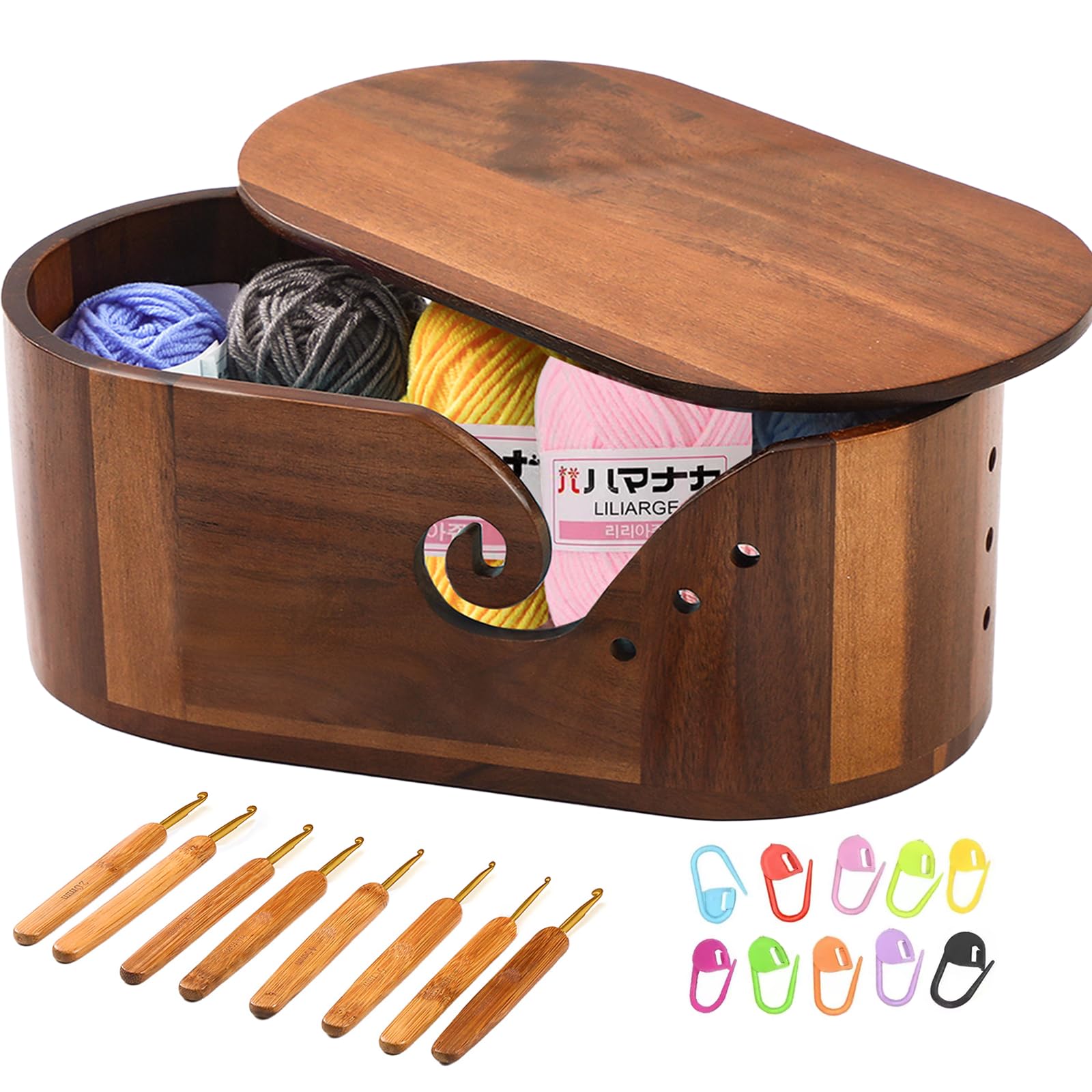 Blinrfilal Large oval Wooden Yarn Bowls For Knitting , Acacia Multi Hole Crochet Yarn Bowl With Lid,Smooth,preventing tangles,Ideal Gifts Set For Knitters, DIY Paintable