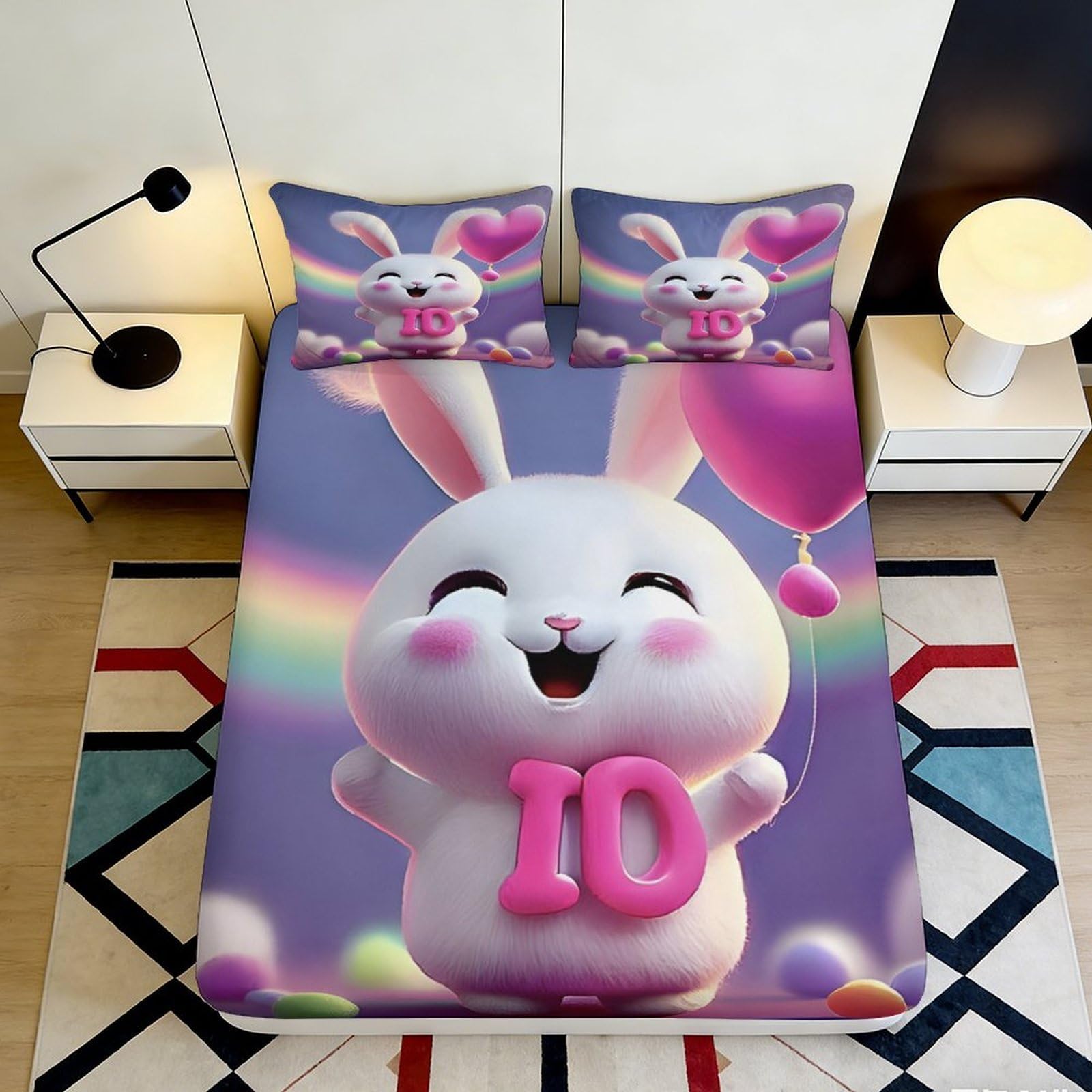 3D Printed Cartoon Bunny Fitted Sheet Microfiber Soft Pink Balloon Bed Cover for Bedroom Guest Room Dorm Mattress Protection Decor 180x200x25cm