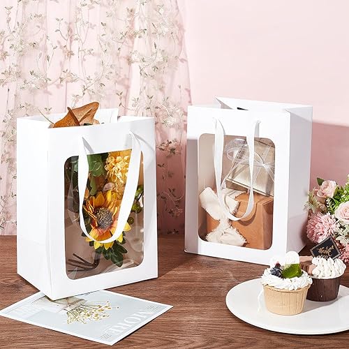 Miniatura 10 de BENECREAT Paquete de 16 bolsas de papel kraft blanco transparente para ventana, 7.9 x 4 x 4 pulgadas, bolsa de regalo con asas para cumpleaños,