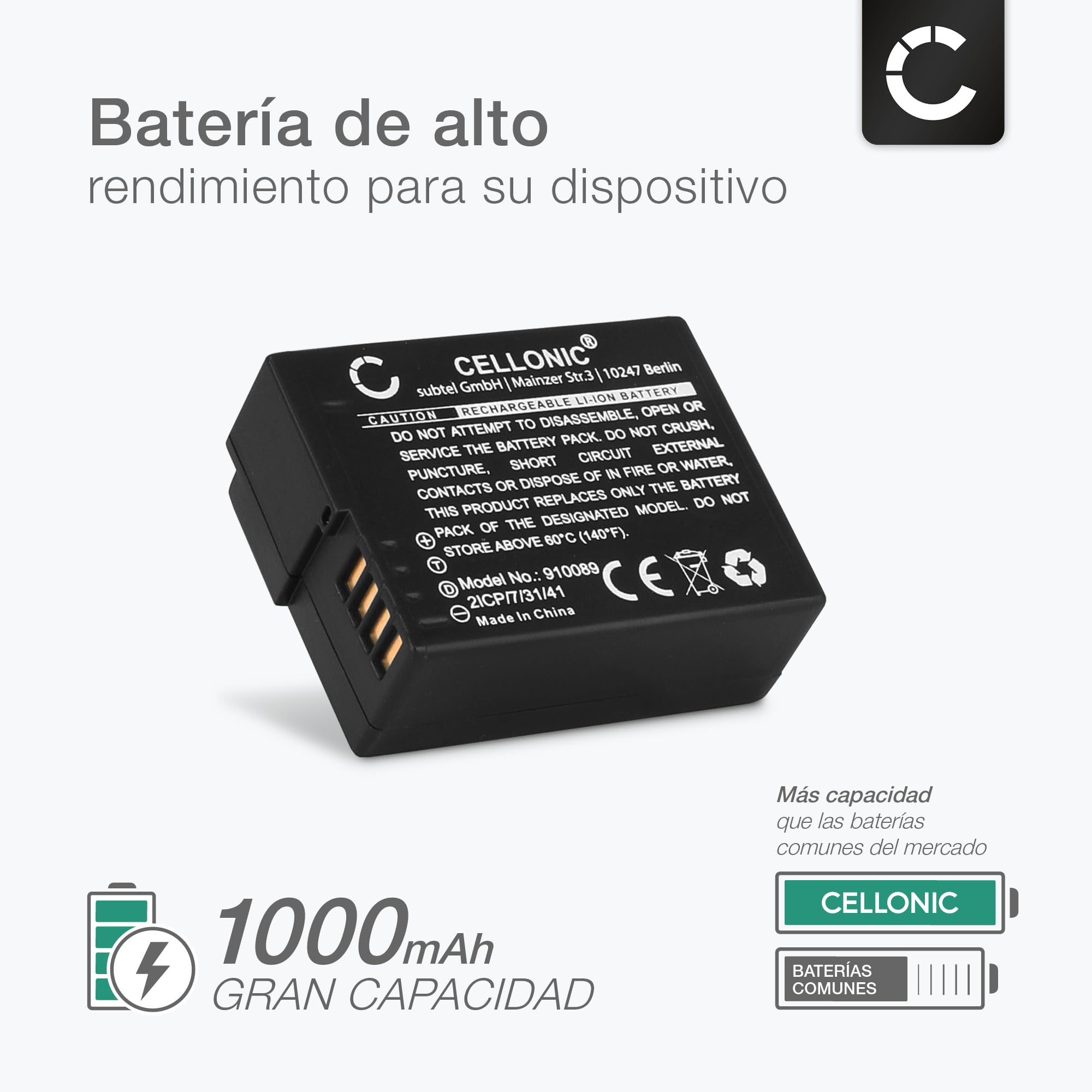 CELLONIC 1x Batería para Cámara Compatible con Panasonic Lumix DMC-FZ1000, Lumix DMC-FZ300, Lumix DMC-FZ2000, DMW-BLC12 - (1000mAh, 7.4V)