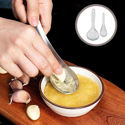 Miniatura 2 de Operitacx 2pcs plata ajo molinillo cuchara ajo prensa picadora rallador amoladora acero inoxidable