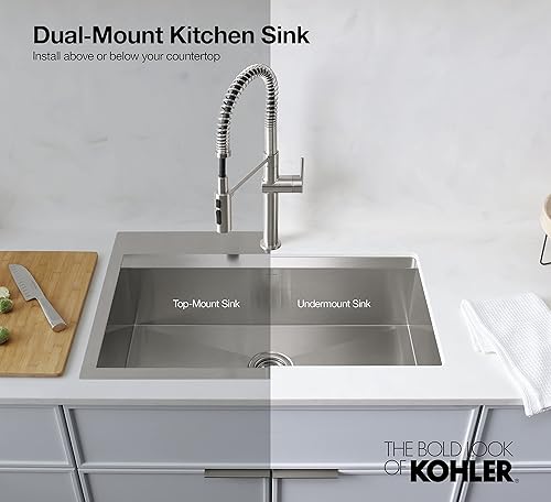 Miniatura 10 de KOHLER Fregadero de cocina Task K-80086-1PC-NA de doble montaje de acero inoxidable, fregadero de estación de trabajo de 27", grifo de 1 agujero,