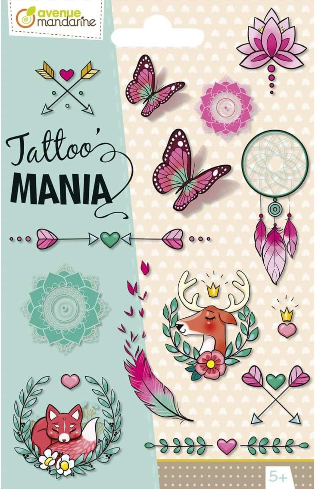 Avenue Mandarine CC054C - TATTOO'MANIA - 1 sheet 10.5x16 cm of 14 TATTOOs - From 5 years - BOHIEMIAN THEME - Children's Creative and Leisure Activity - DIY