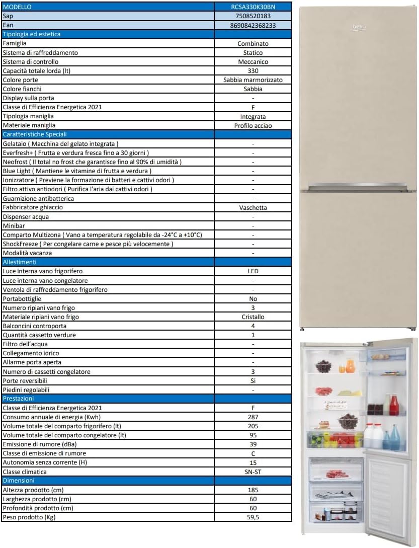 BEKO - RCSA330K30BN - Frigorifero Combinato Statico, Frigo e Congelatore, Libera Installazione, 321 L - Beige, 59,5 x 59,2 x 185,1 cm [Classe di efficienza energetica F]