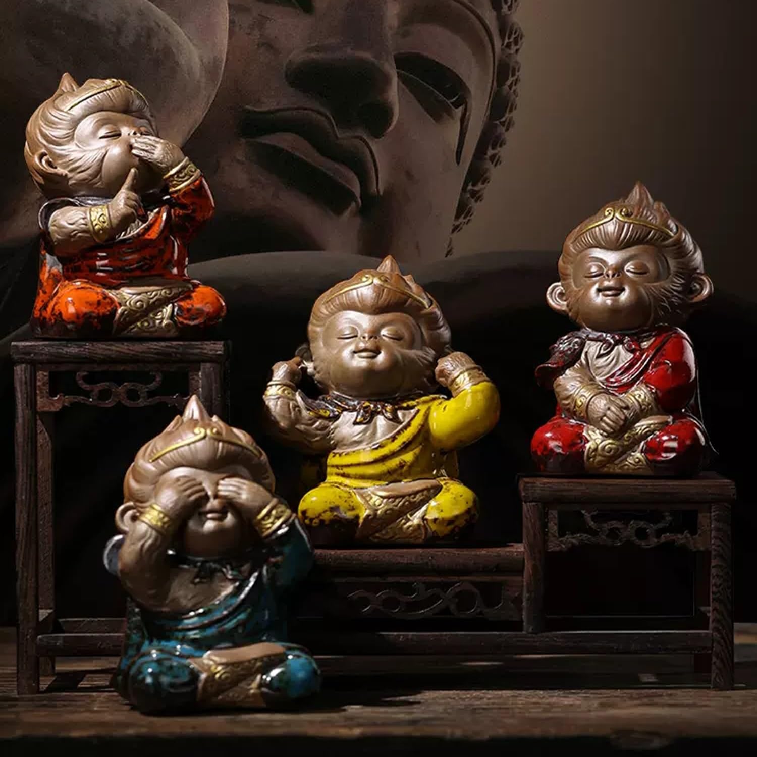 figurki zwierzątek， Zestaw 4 zabawnych figurek w kształcie małpy, ceramiczny zestaw do herbaty, akcesoria do rękodzieła, dekoracja stołu