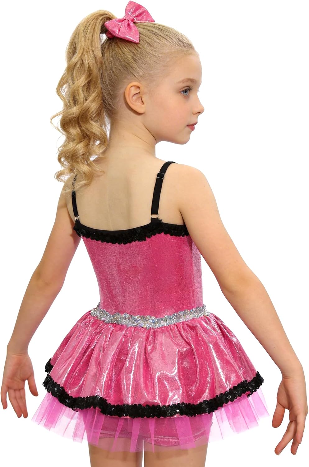 Girls Pink Metallic Stretch Sequins Tutu Dress, Jazz Dance Outfit with Bow for Multi Occasions (Rose 2-12Y)