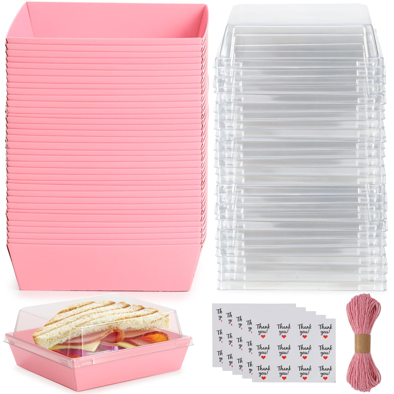 Charcuterie Boxes with Clear Lids,50 Pack Pink Square Disposable Paper Food Containers to Go Desserts Bakery Boxes for Strawberries, Cake Slice,