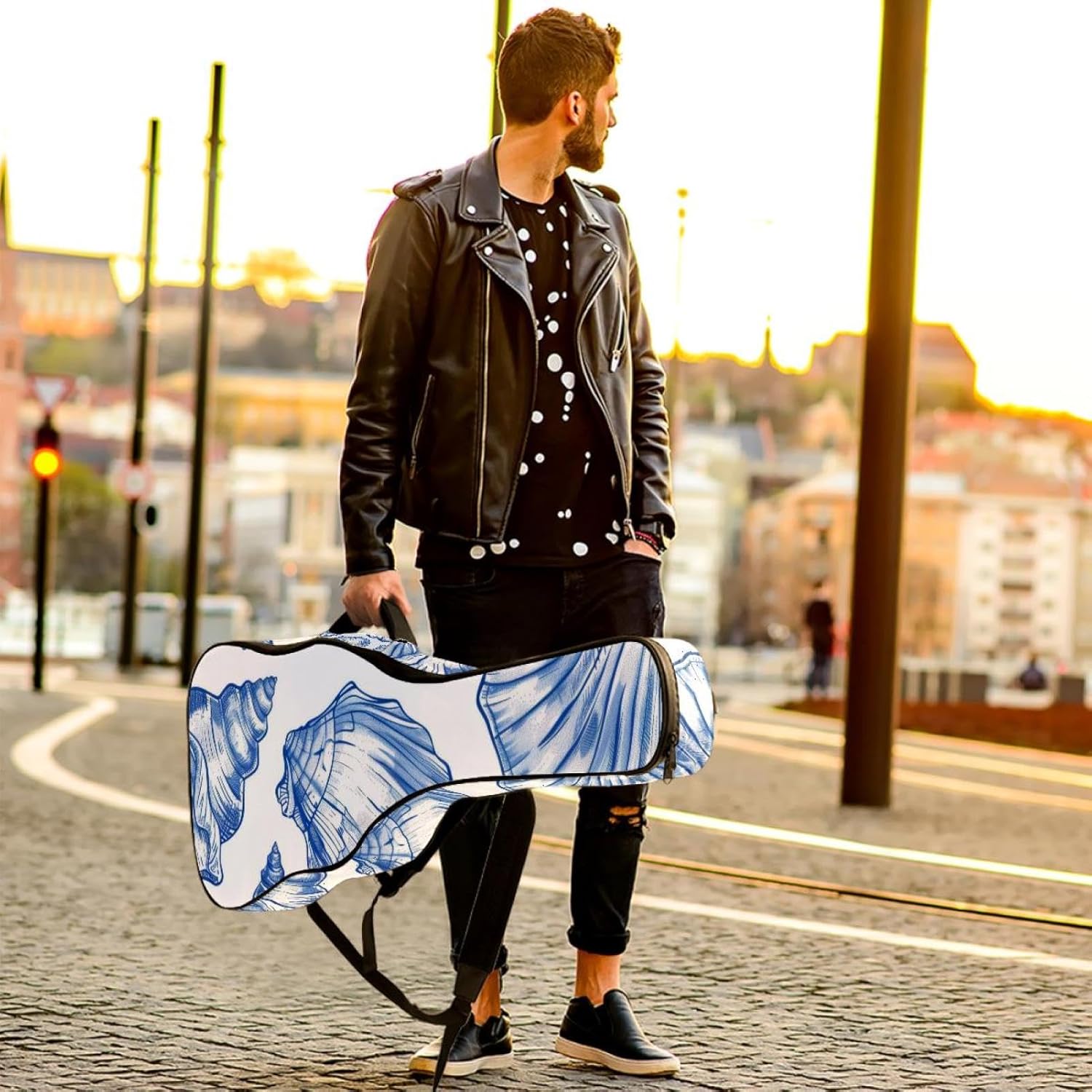 40 41 42 Inch Guitar Bags, Waterproof Padded Acoustic Guitar Case Backpack with Adjustable Shoulder Strap & Pockets, Blue Seashells