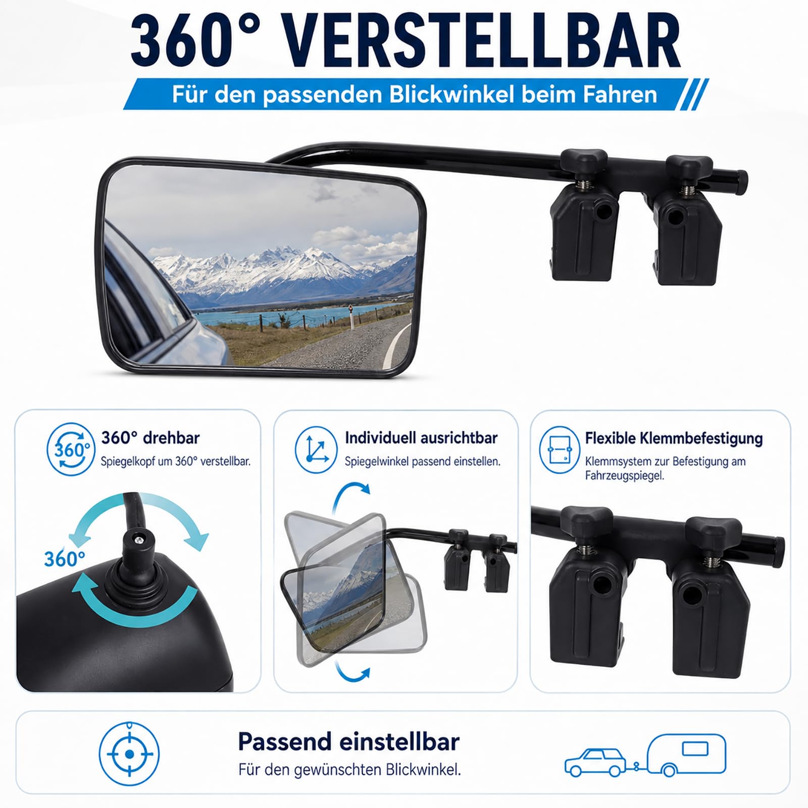 Gekufa 2 Stück Wohnwagenspiegel universal, einstellbar außenspiegel wohnwagen, wohnwagen spiegel auto für alle gängigen Fahrzeuge, Autos, Wohnwagen, Whnwagen
