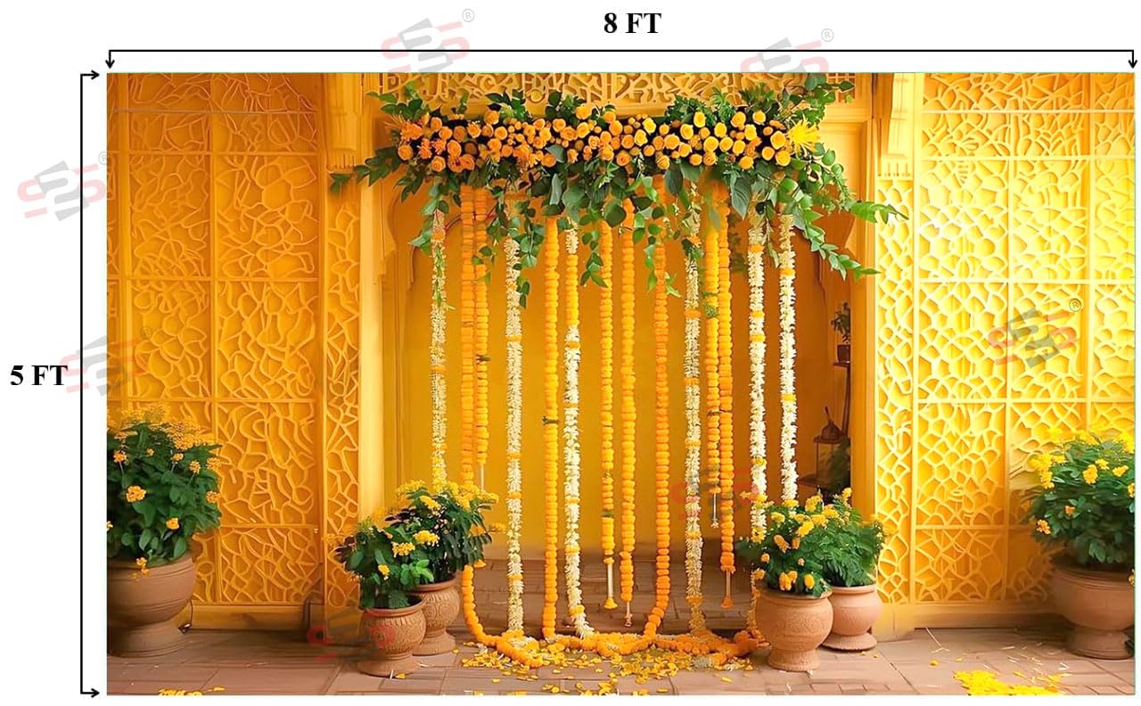 S2S Stylish Yellow Haldi Decorative Backdrop Cloth | Haldi Decoration Items for Home | Backdrop for Pooja Decoration - (5 x 8 Feet) 3