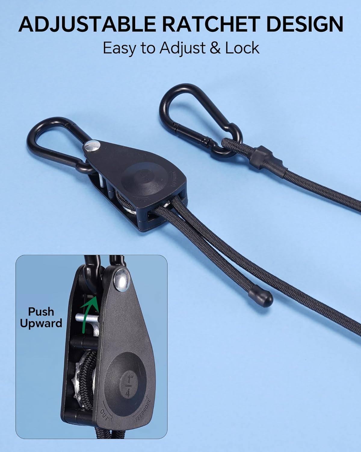 36" Heavy Duty Adjustable Carabiner Bungee Cord with Hooks, Easy to Adjust from 7" to 36", Black Ratchet Bungee Straps with Iron Carabiners & Superior Elasticity for Cargo, Luggage, Carts, etc (4 Pcs)