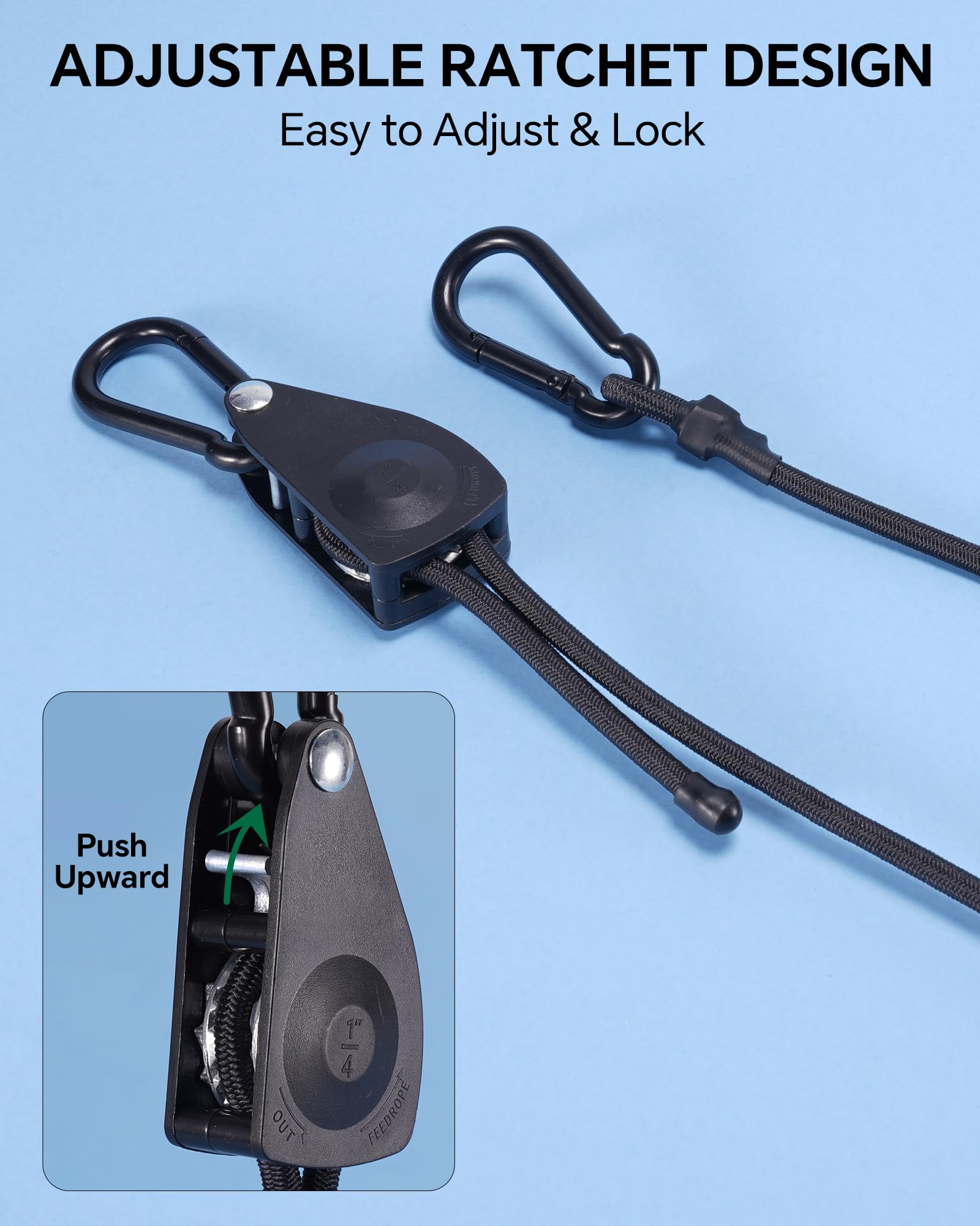 Cordón elástico de mosquetón ajustable resistente de 48 pulgadas con ganchos, fácil de ajustar de 7 a 48 pulgadas, correas elásticas de trinquete negras con mosquetones de hierro y elasticidad