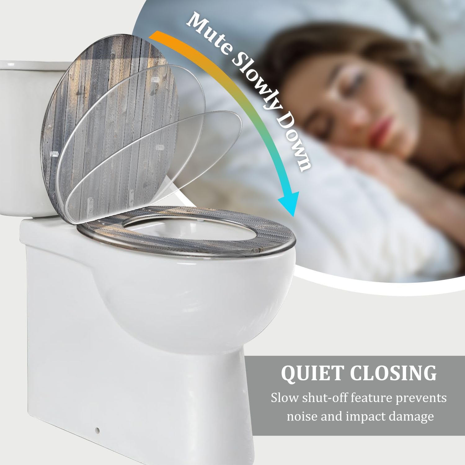 Sedile WC Rotondo In Resina, Effetto Parete Grigio Effetto Legno, Chiusura Ammortizzata, Cerniere A Sgancio Rapido, Decorativo con Copriwater, Facile Da Installare.
