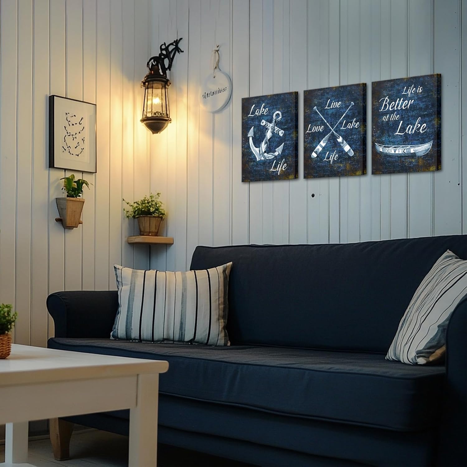 KLVOS Navy Blue Lake Canvas Prints Farmhouse Lake Life Theme Wall Art Lakehouse Cabin Nautical Quote Picture Painting Home Bathroom Wall Decor12x16inchx3panels