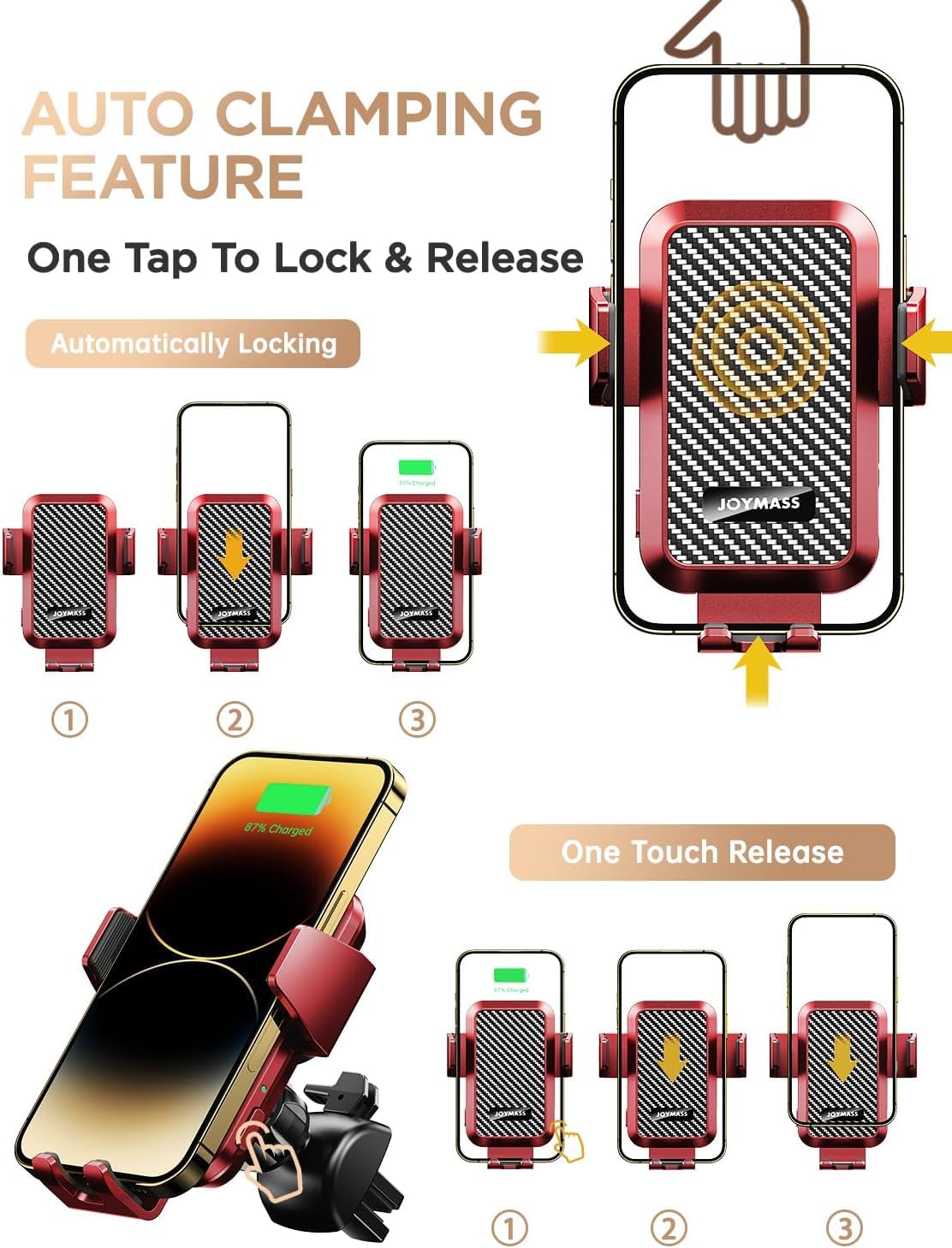 JOYMASS Cargador inalámbrico de coche, soportes de teléfono para tu coche, 15 W, soporte de teléfono de sujeción automática, accesorios de coche para iPhone 16, 15, 14, 13, 12 Mini Pro Max 11, Samsung
