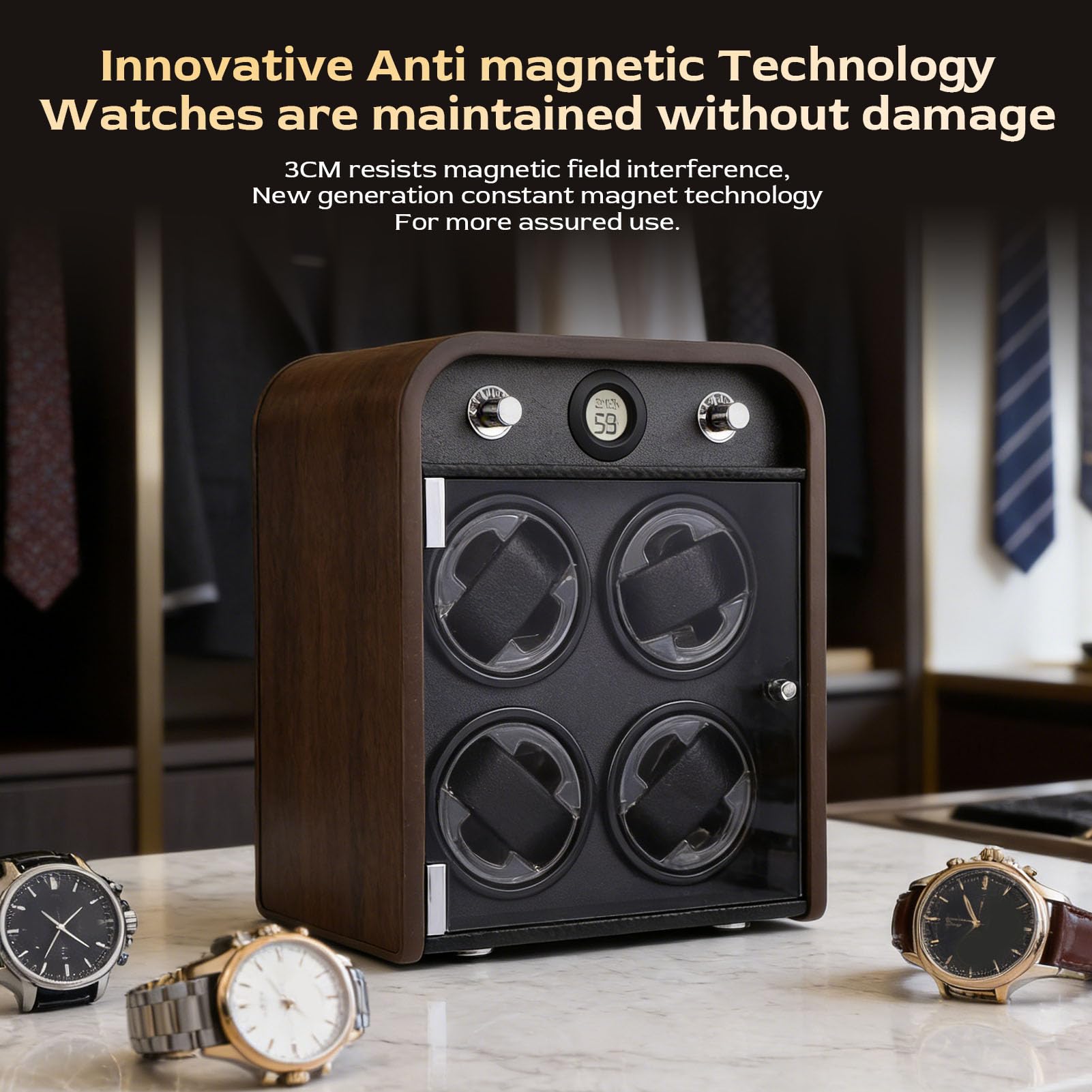 Caricaorologi in Legno, Sensore di umidità della Temperatura Accurato Rotazione Silenziosa a 4 Slot con Luce a LED, per Orologio Meccanico Automatico