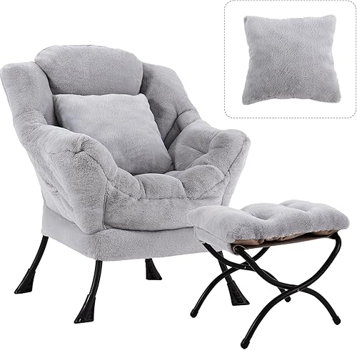 Silla Perezosa con Otomana, Silla de Salón de Acento Grande Moderna con Almohada, Sillón de Sofá de Ocio, Silla de Lectura con Reposapiés para