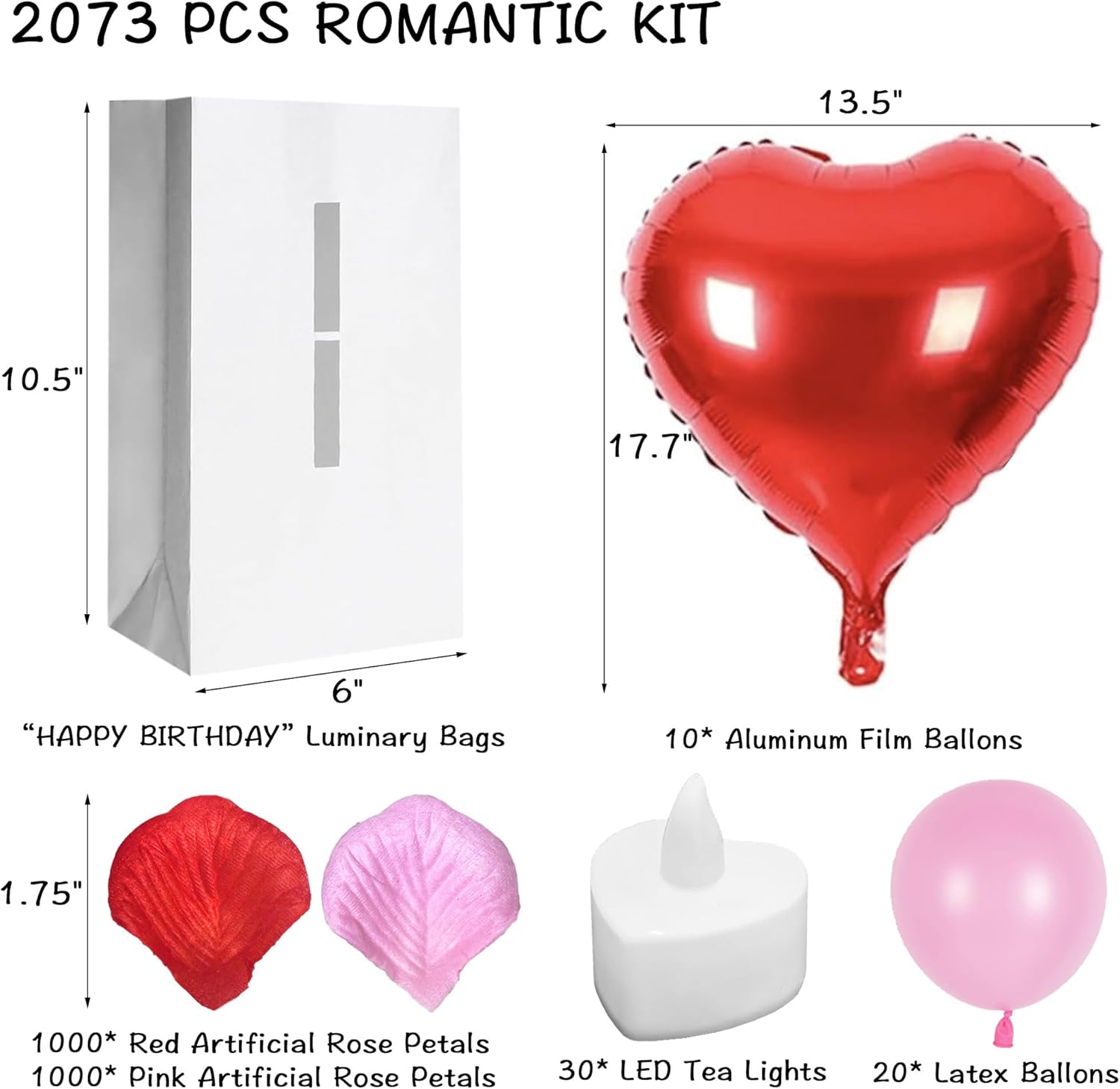 2073Pcs Happy Birthday Decorations with Light Up Letters,Tea Lights Candles Rose Petals Latex Balloons Heart Aluminum Balloons Luminary Bags Party Banner Sign Birthday Surprise Gifts for Women Men