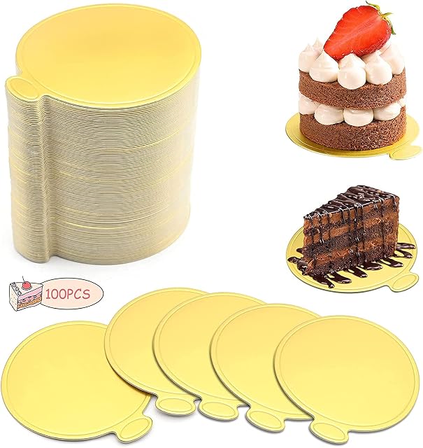 Yibang 100Pcs Round Mousse Gold Cake Boards, 9cm Gold Round Mini Cheesecake Disposable Boards Cardboard Cake Bases Dessert Trays for Display Wedding Birthday Party Cake Pastry Decoration