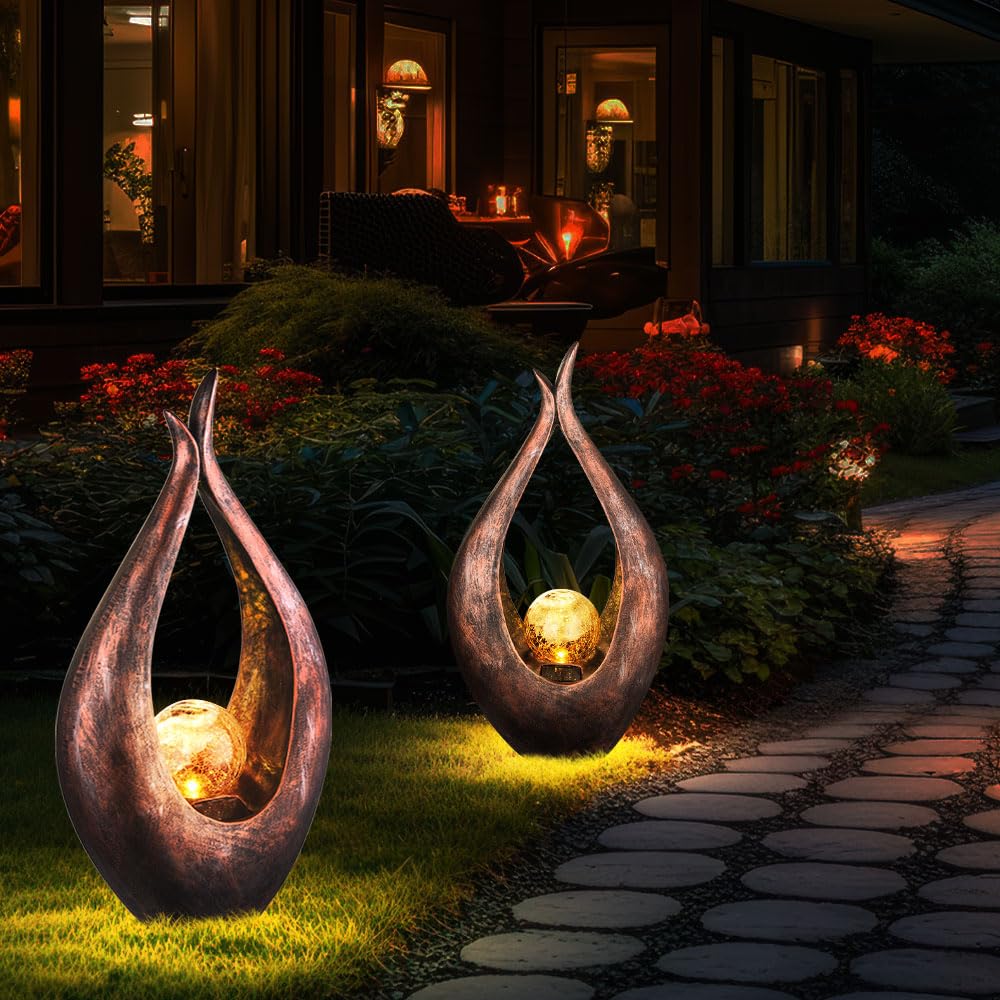 2er Set LED Außen Solar Steh Leuchten Glas Kugel Hof Strahler Bronze geschwungen