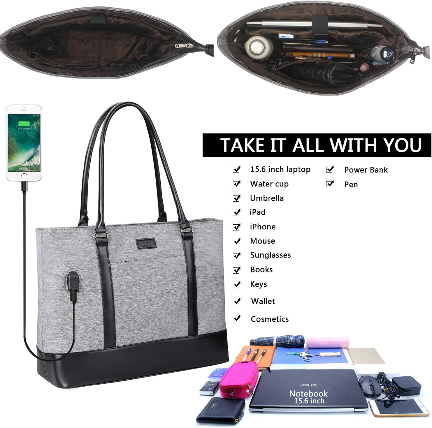 Uр Tо 40% оƒƒ Laptop Tote Bag,15.6inch Laptop Purse Work Bag for Women Multiple Compartments (Black and Gray)