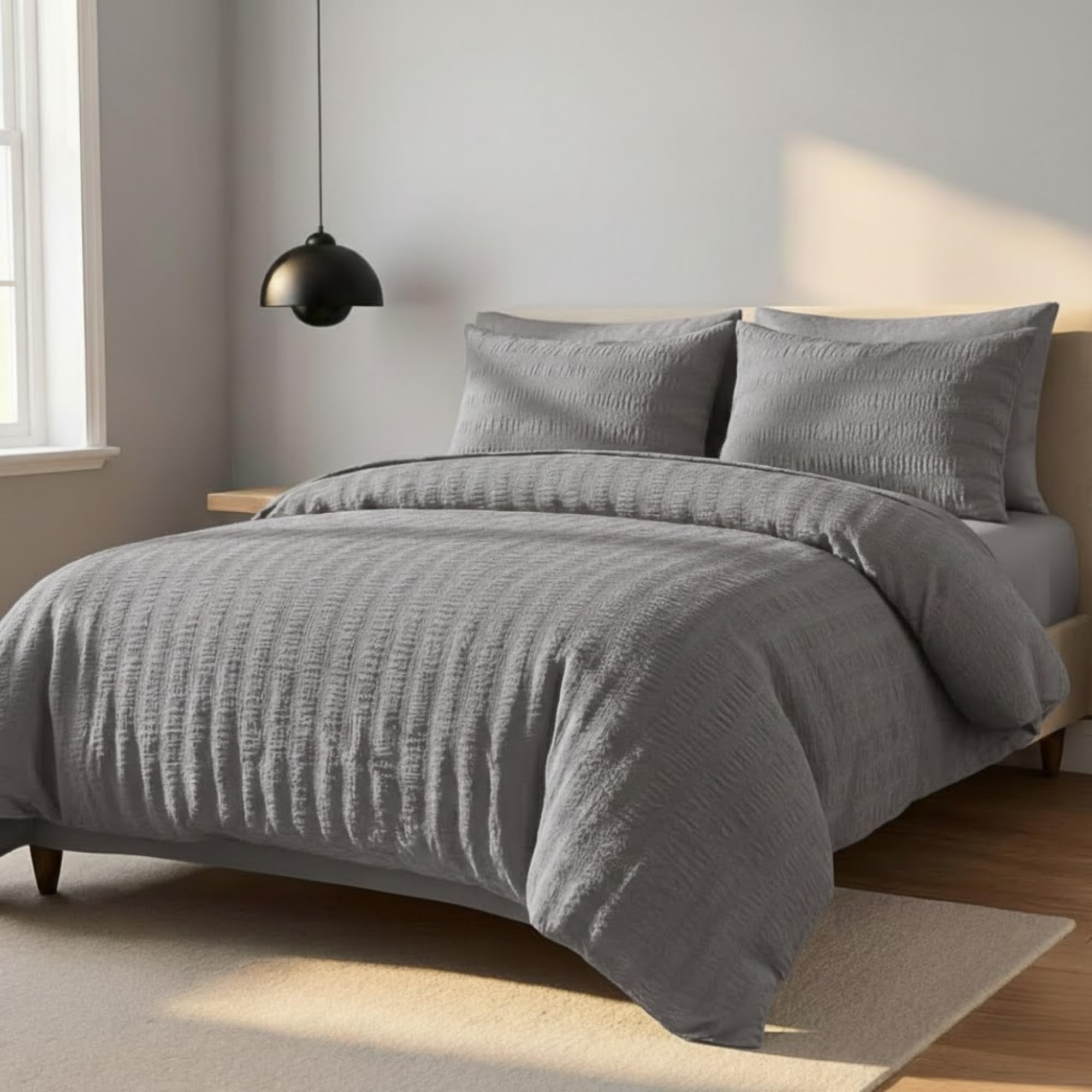Z&A Homz Z&A Bedding Double Seersucker Duvet Cover Grey - Breathable & Washable Comforter with Pillowcases - Luxury Soft Brushed Microfiber Quilt Cover - Easy Care Comforter Set