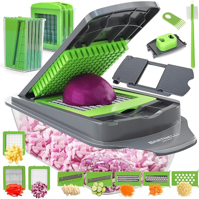 Bartnelli Vegetable Chopper Food Slicer Pro | 15 Pc MultiFuctional Kitchen Gadgets for Onion, Veggie, Cheese Grater, Vegetables Cutter With Large Container, Easy to Clean, With Bonus Brush and Fork