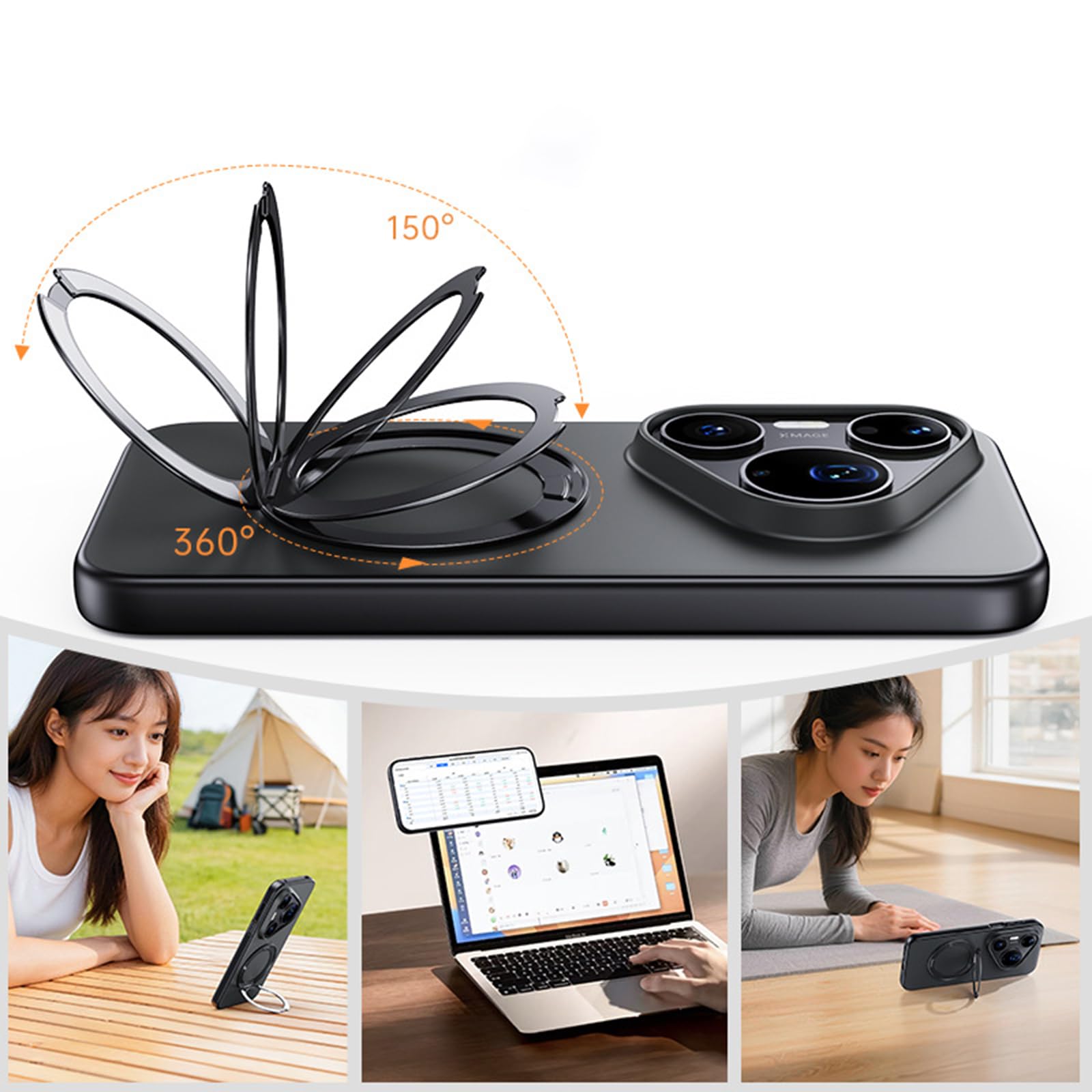 Magnetisch Hülle für Huawei Pura 90 Pro Max/90 Pro, Dünne Gefrostet rutschfeste Schutzhülle mit Drehbar Metall Ring Ständer Handyhülle,Schwarz,90 Pro Max