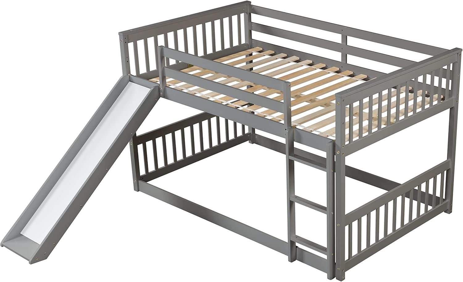 Full Over Full Bunk Bed with Slide & Ladder for Kids Bedroom,Wood Bed Frame with Safety Rails & Headboard and Footboard,No Box Spring Needed,Grey