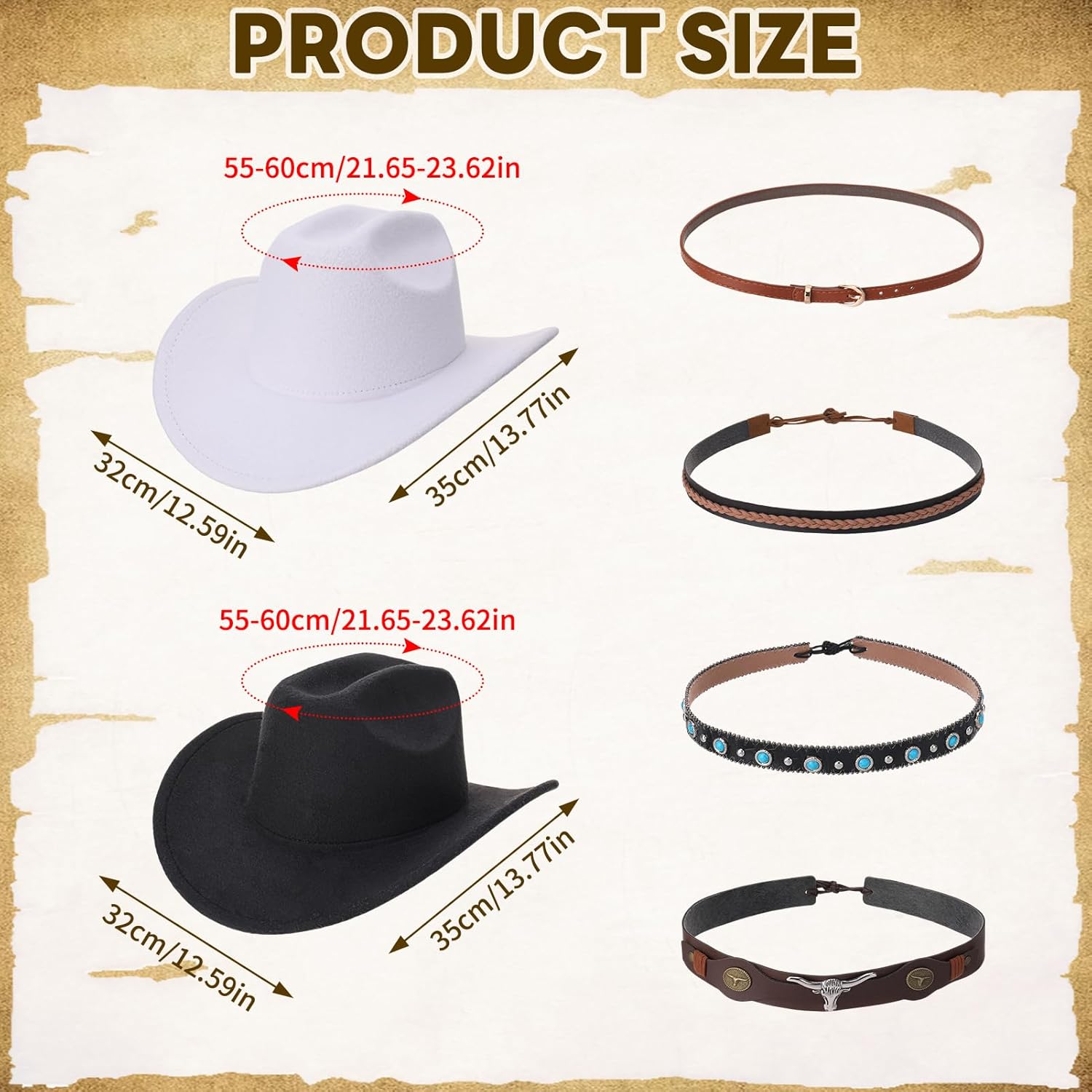 2 Pcs Western Cowboy Hats with Decorative Bands Cowgirl Hats for Women and Men Black White - Image 2