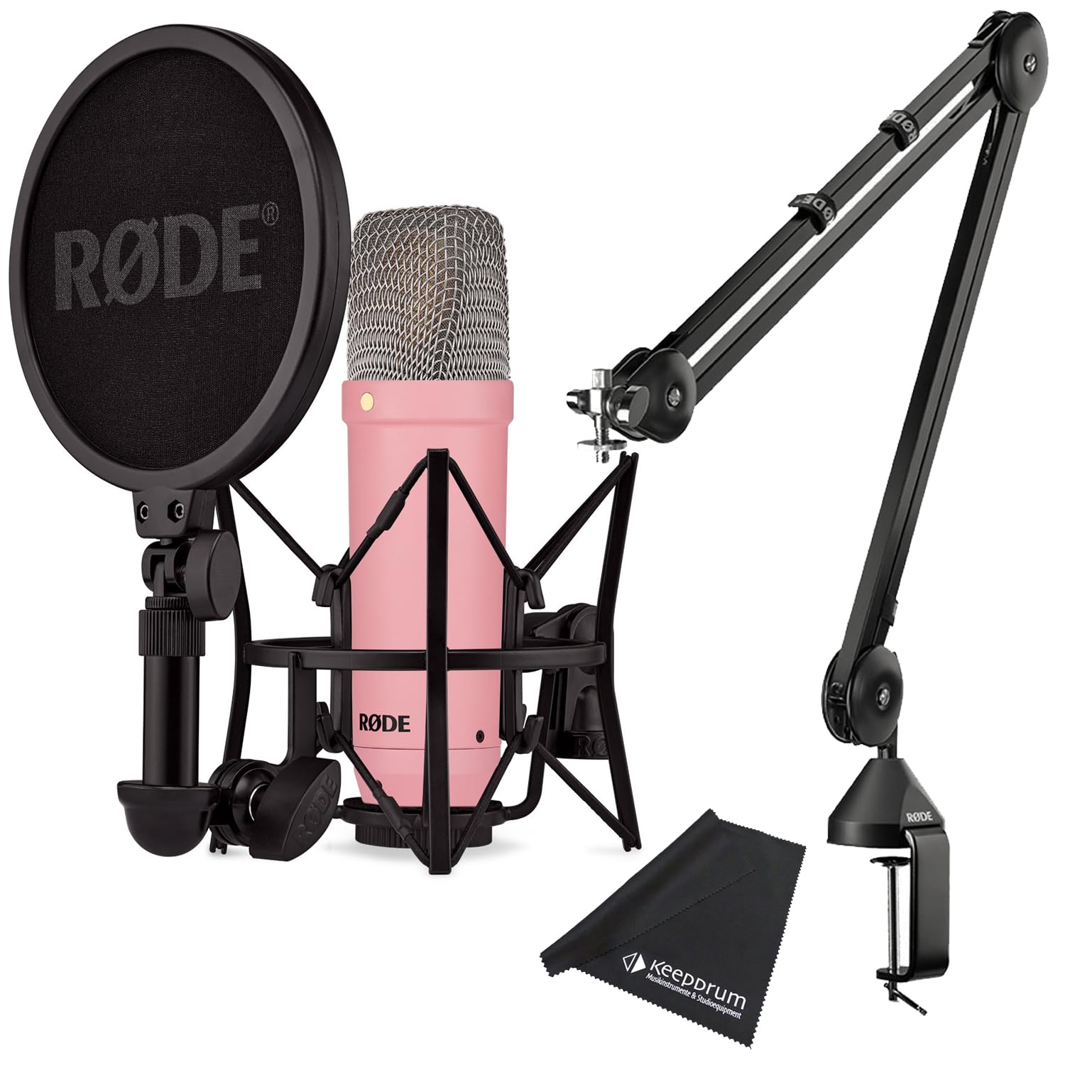 Rode NT1 Signature Pink Studio-Mikrofon Rosa + PSA1 Gelenkarm-Stativ Schwarz + keepdrum Mikrofasertuch