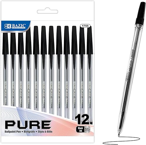 BAZIC - Bolígrafo de color negro puro, 0.039in, escritura suave, para profesores de escuela de oficina (paquete de 12), 1 paquete