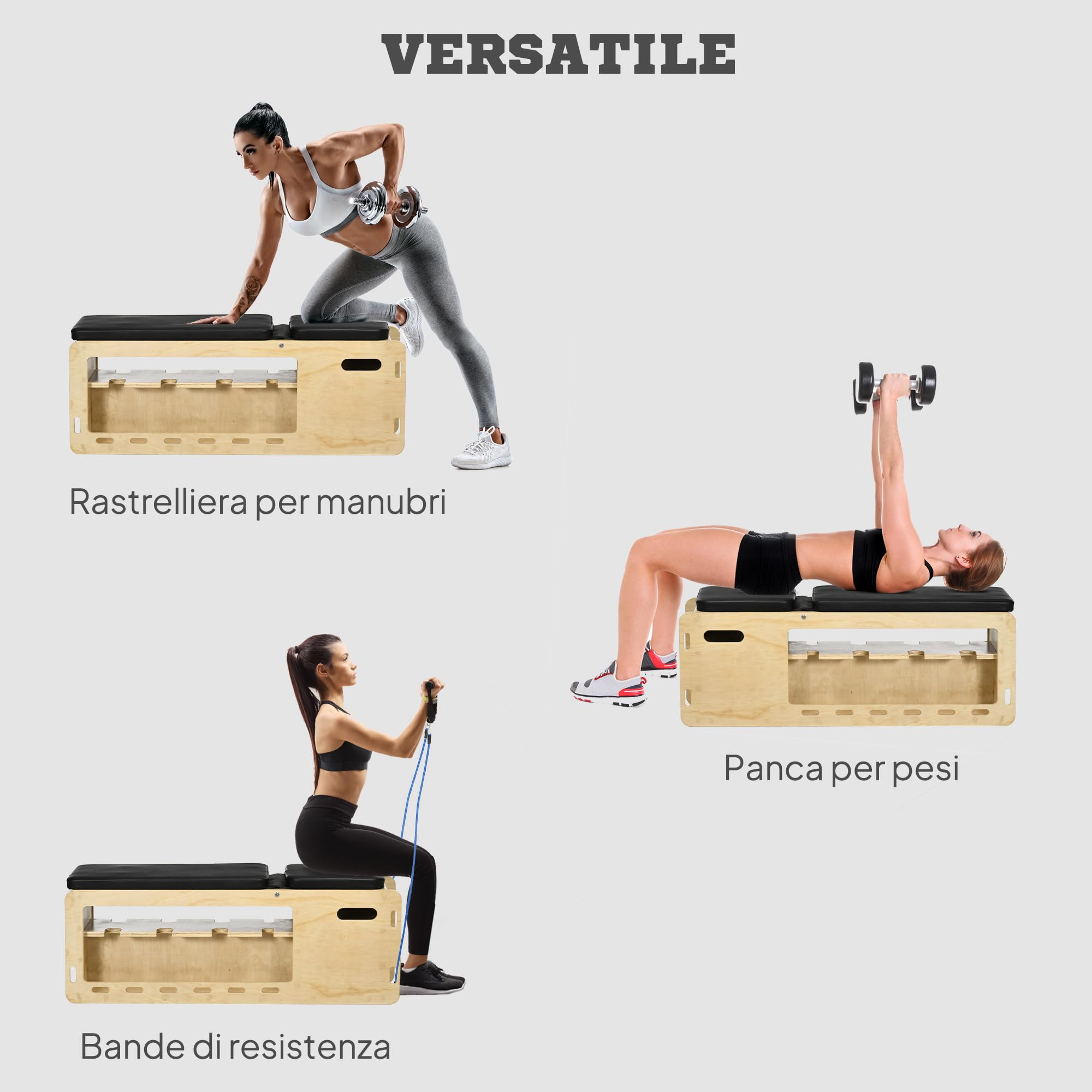 HOMCOM Panca Palestra con Schienale Regolabile a 6 Livelli, Panca Addominali Multifunzione Inclinabile, con Vano Contenitore e Rack per Pesi, Bande di Resistenza, per Allenamento Casa, Color Legno