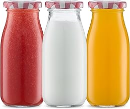 3Pcs 250ml Glass Milk Bottles with Pretty Gingham Lids, Small Glass Jars for Decoration - Little Milk Juice Bottles (Red-Gingham)