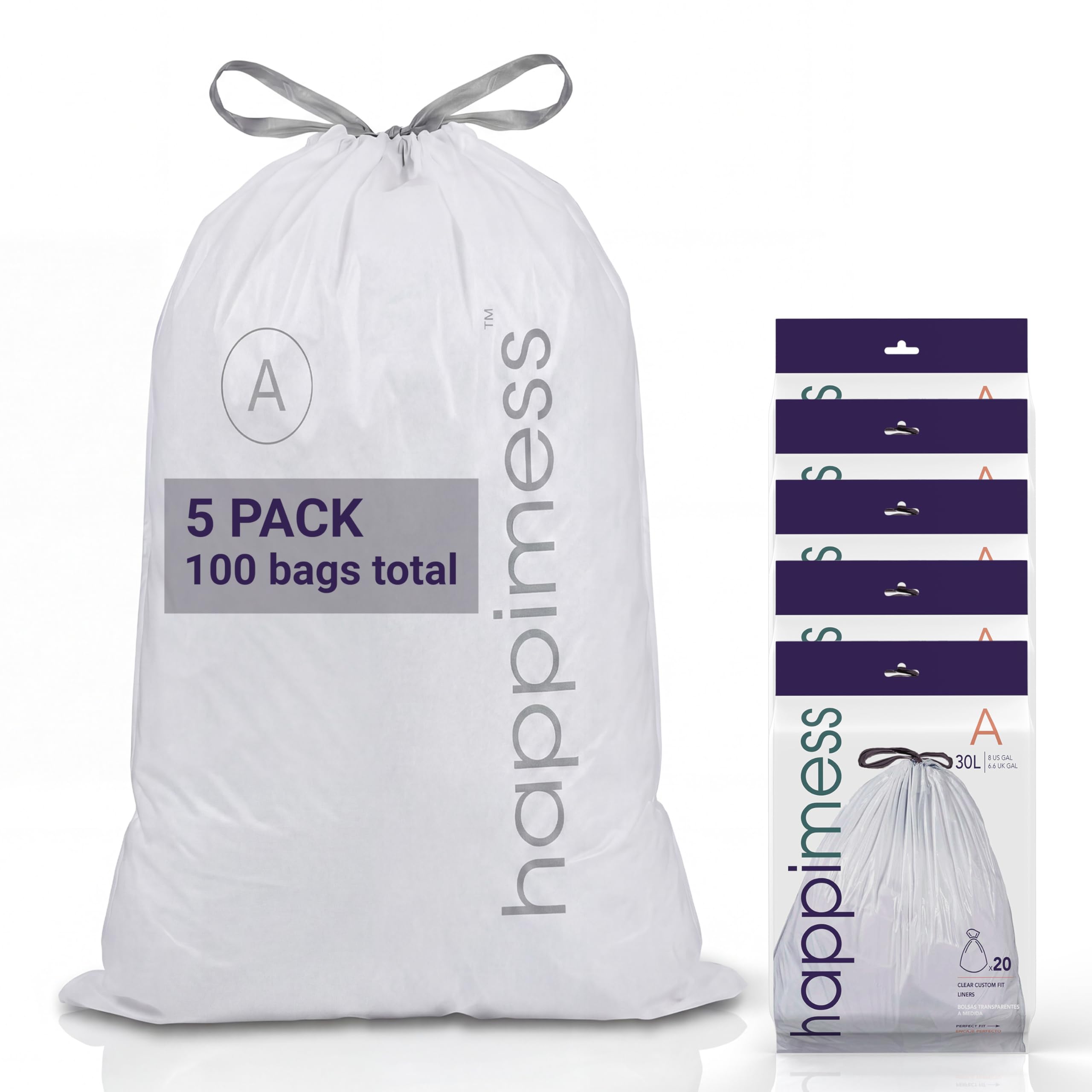 happimess Bolsas de basura con cordón de 8 galones, sin perfume, transparentes, resistentes de LDPE para cocina y hogar, ajuste personalizado, 100 unidades (5 paquetes de 20 forros) HPM3000A-C-5SET