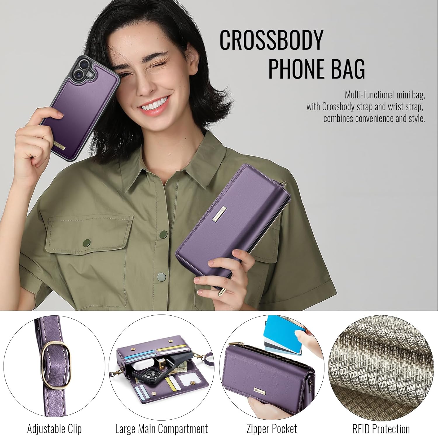 CaseMe 2-in-1 Detachable for iPhone 16 Crossbody Wallet Case with RFID Blocking 10-Card Holder for Woman, PU Leather Wrist Strap Zipper Handbag Purse Wallet Phone Case for iPhone 16 6.1", Purple