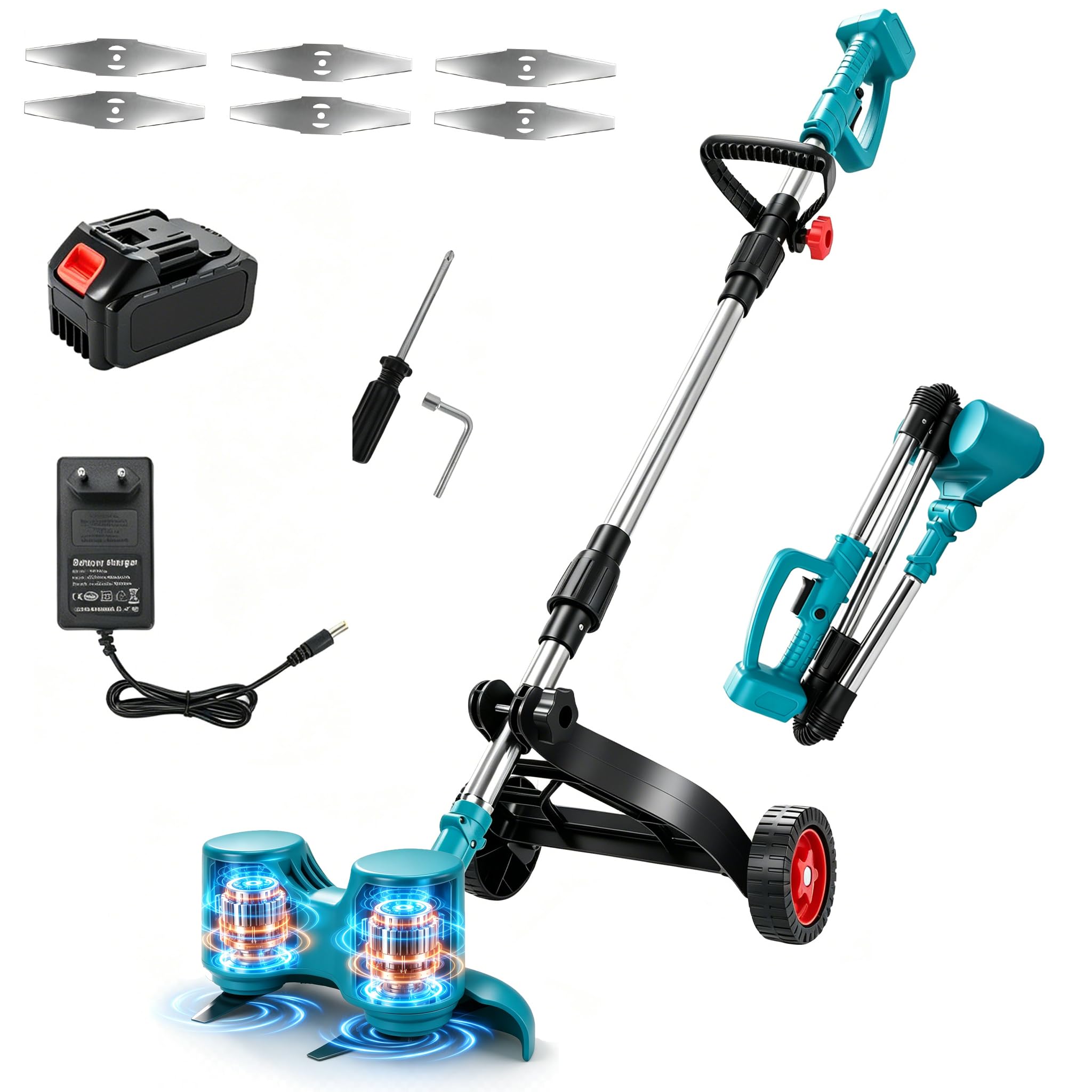 Desbrozadora inalámbrica con batería de 3000 mAh y cargador, 15000 rpm, cortacésped giratorio de doble cabeza con 6 cuchillas + rueda de apoyo, plegable y portátil, para jardín y malas hierbas