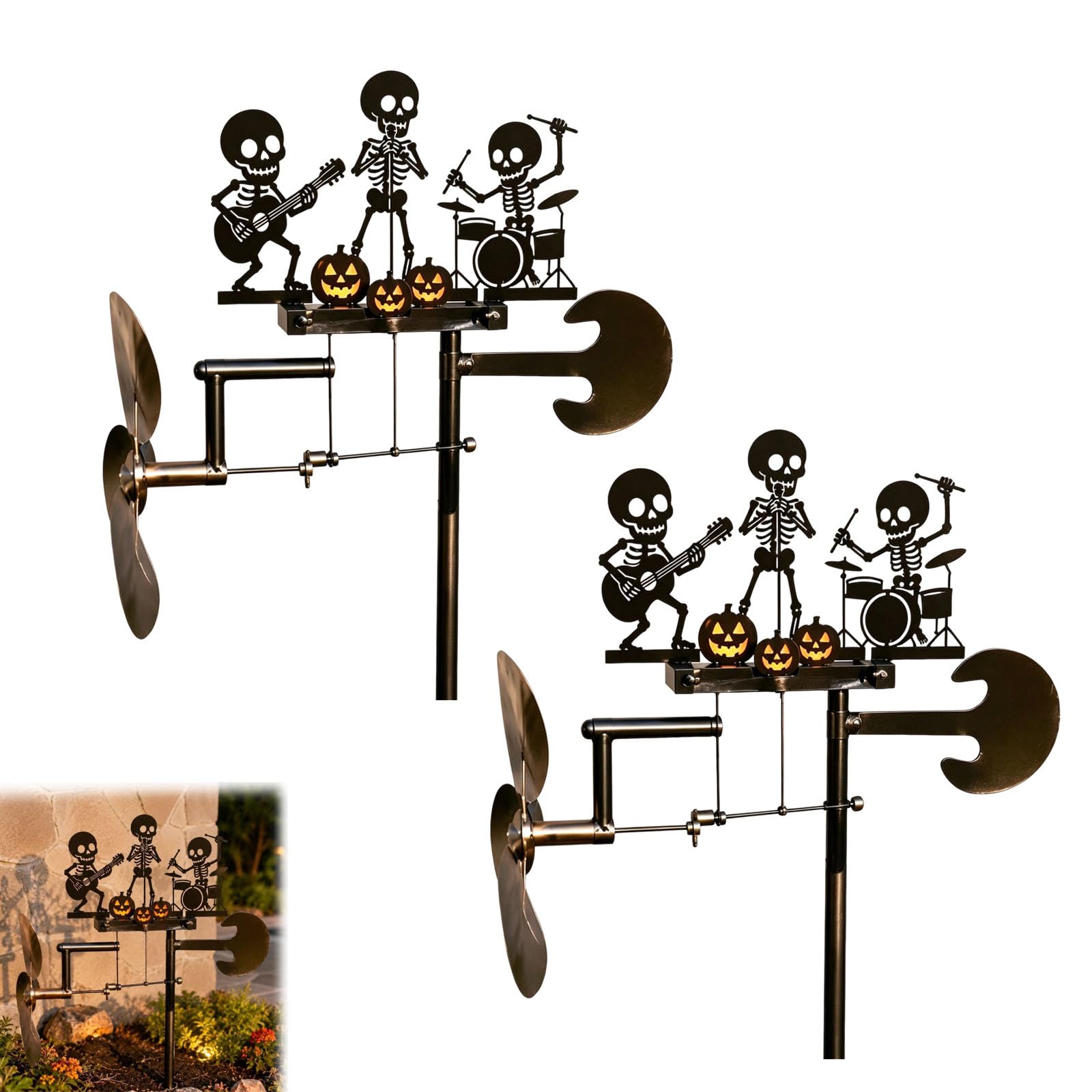 Esqueleto De Halloween, Baterista De Metal, Molinillo De Viento Cinético (2Pcs)