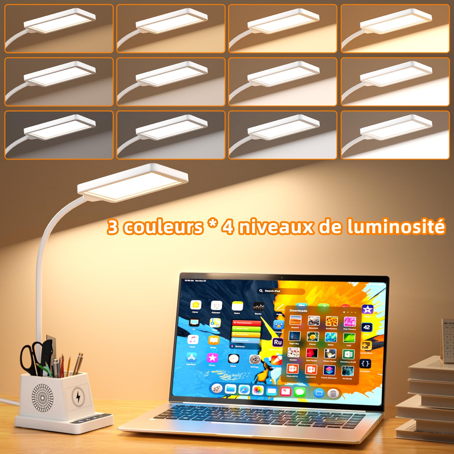 Lampe de Bureau LED 15W avec Charge Sans Fil, Col de Cygne à 360°, Lampe de Chevet Dimmable, 3 Modes de Couleur, 4 Niveaux de Luminosité, pour Bureaux/Chambres à Coucher/Résidences étudiantes (Blanc)