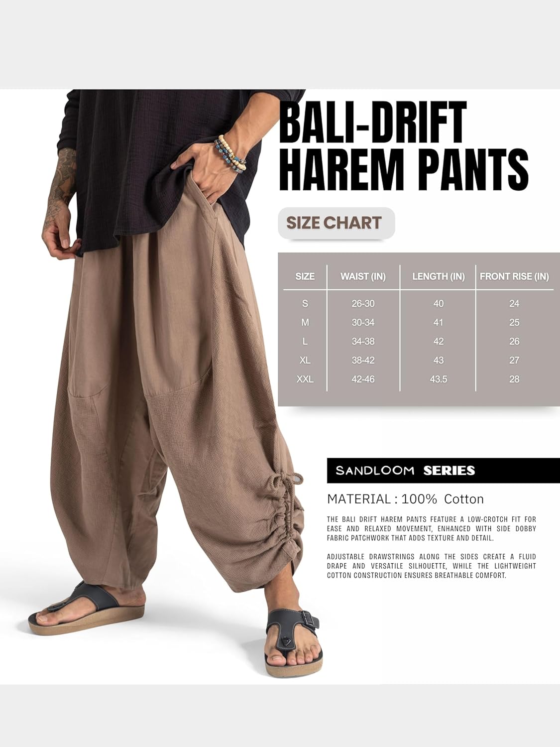 The Veshti Company Men’s Cotton Bali Harem Pants – Relaxed Fit Yoga Lounge – Casual Summer Beach Trousers - Image 4