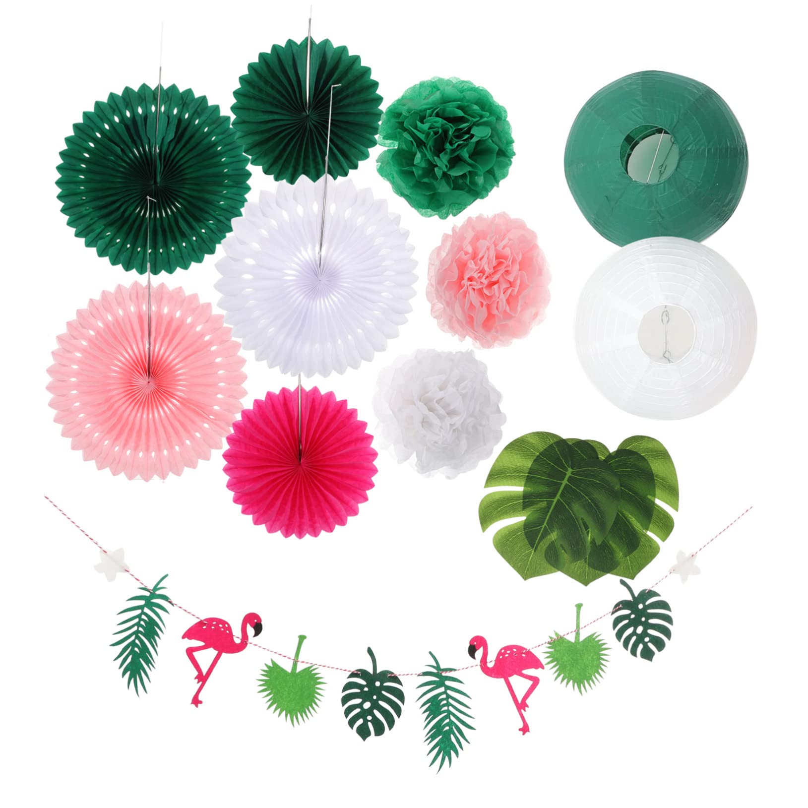 Holibanna Juego de Pancartas Hawaianas y Pompones con Abanicos de Papel y Flamencos, Decoración de Papel para Fiesta Tropical de Verano para Cumpleaños y Playa