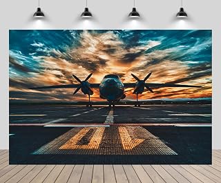 5x3ft Aircraft Backdrop Propeller Driven Aircraft Parked in Airport Runway Sunset Scenery Background Military Theme Air Force Birthday Party Decorations Photo Studio Props Wallpaper