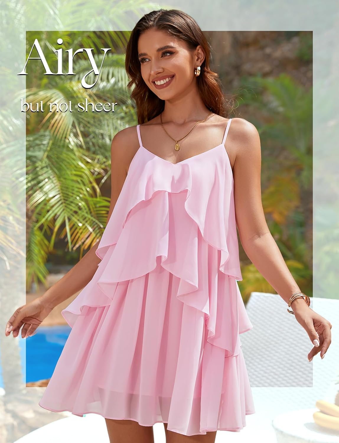 DRESSTELLS Women's Cocktail Dresses for Homecoming, Modest Formal Wedding Guest Bridesmaid Party V Neck Ruffle Tiered Flowy Swing Mini Dress Pink XL - Image 2