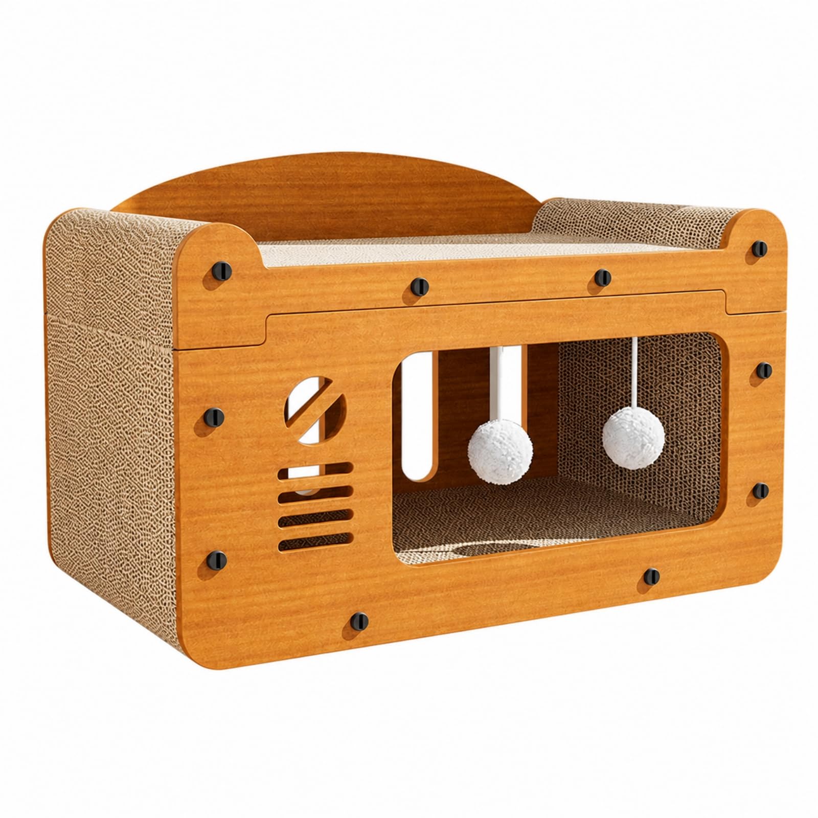 Casetta Tiragraffi in Cartone, Modello Aggiornato A Doppia Pallina, Medio, Con Tiragraffi E Cuccia Per Gatti, 45 × 26 × 30 Cm